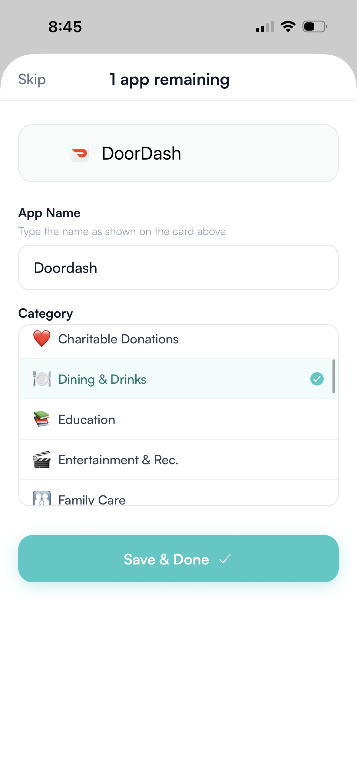 Hinder screen for assigning a name and category to a blocked app