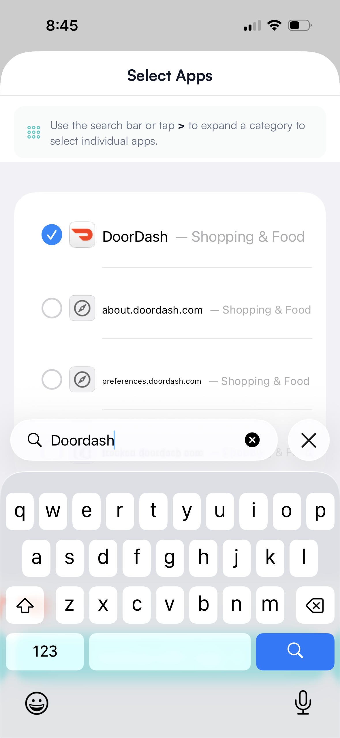 Searching for an app by name in Hinder