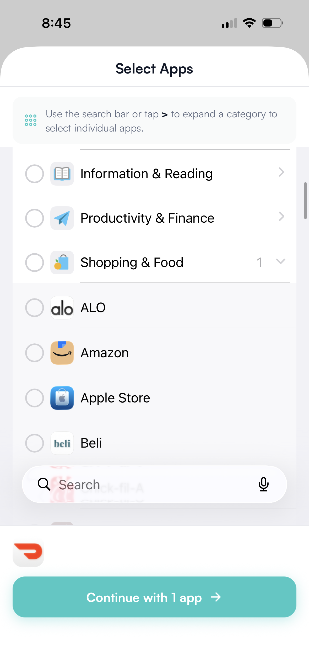 Selecting apps from the list to add to the Block List