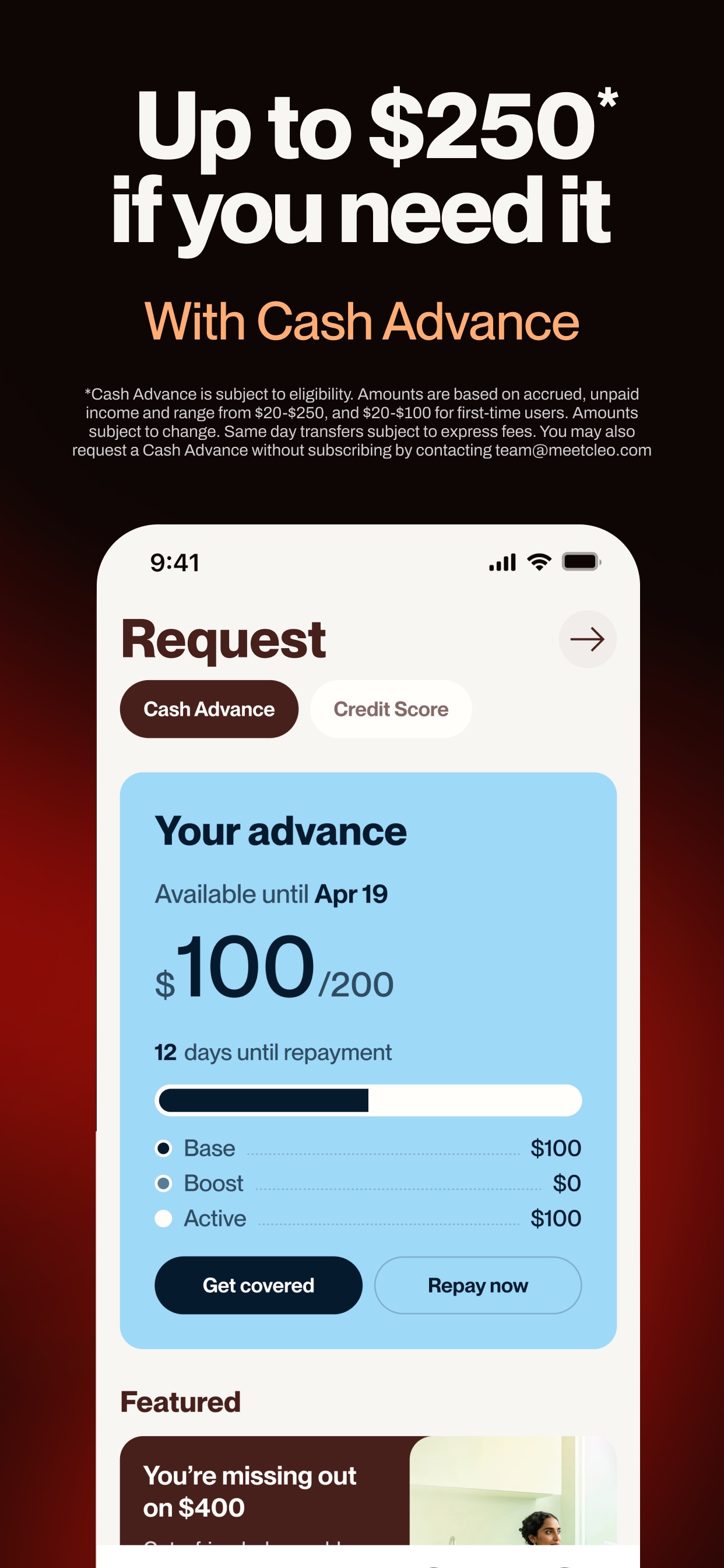 Cleo App Store screenshot advertising cash advances up to 250 dollars with repayment tracker and express fee fine print