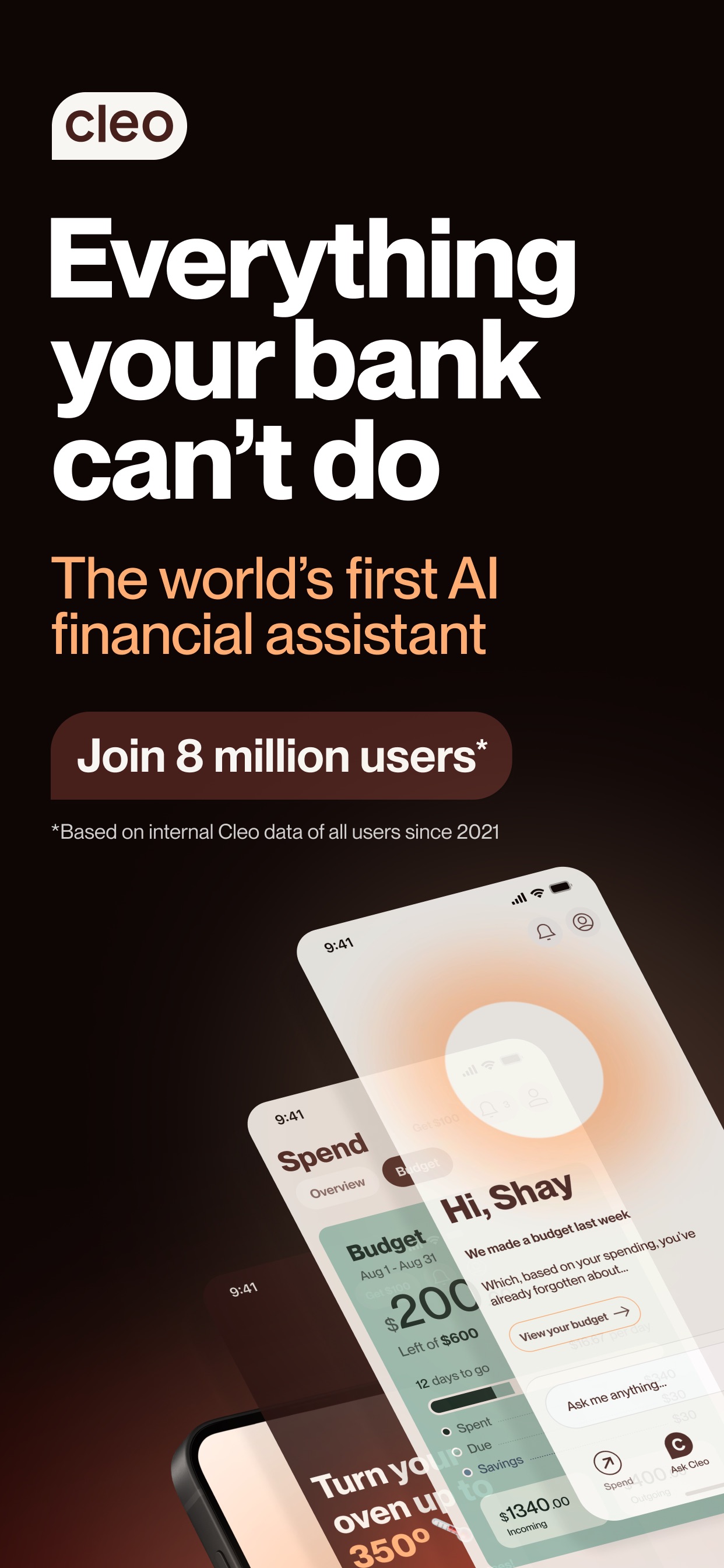 Cleo App Store screenshot calling itself the world's first AI financial assistant with 8 million users, showing the chat and a monthly budget screen