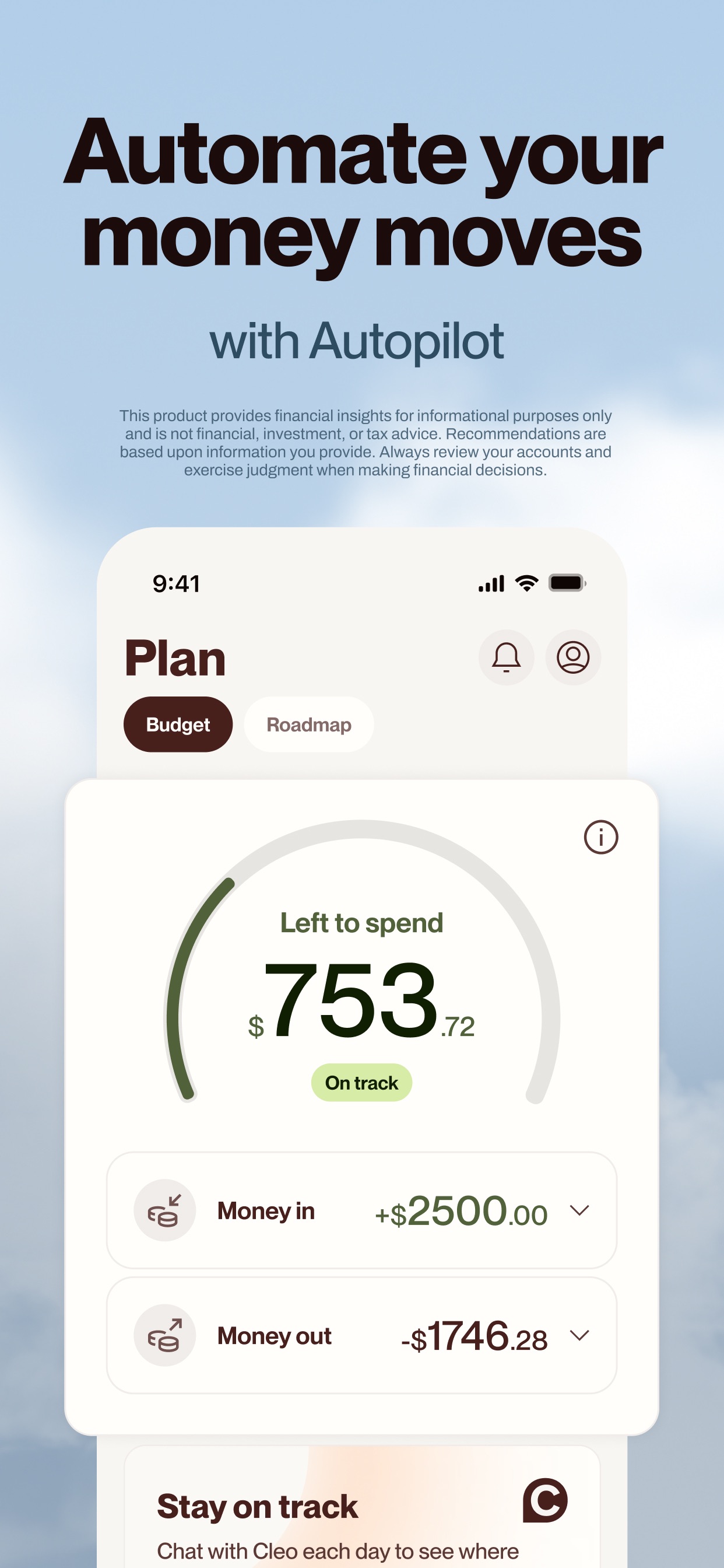 Cleo Autopilot budget screen showing 753 dollars left to spend this month with money in and money out totals