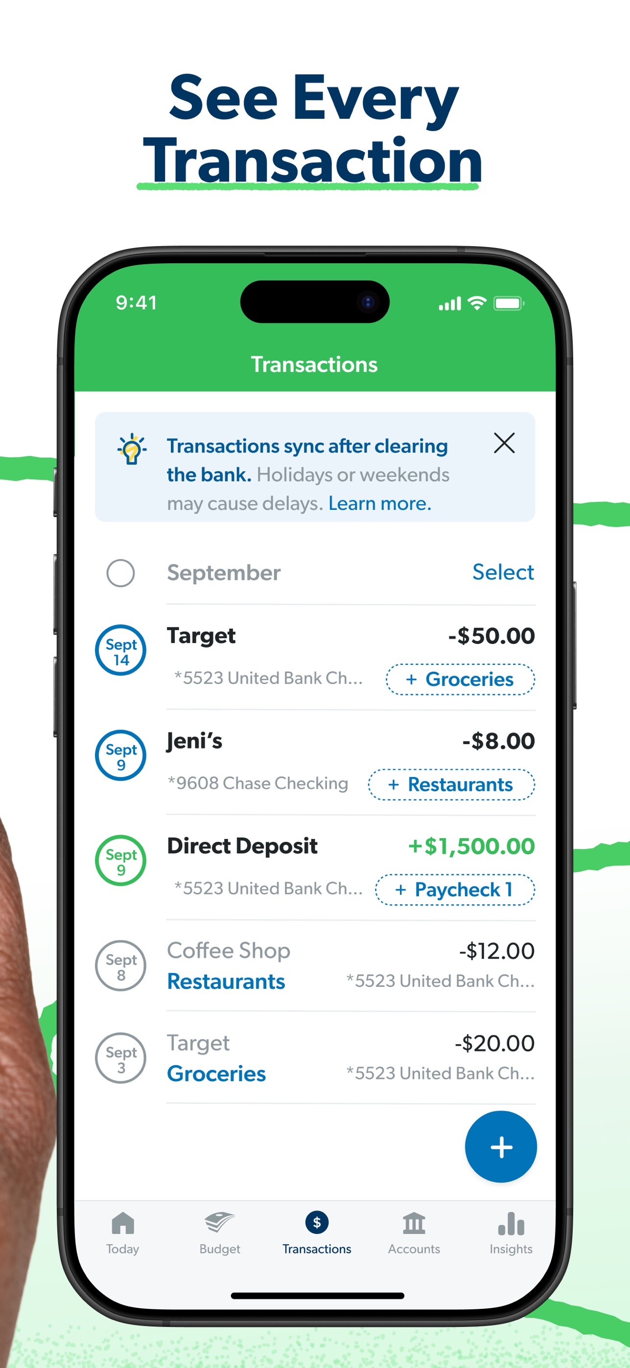 EveryDollar transactions screen showing a 50 dollar Target purchase being dragged to Groceries and an 8 dollar restaurant charge, with a note that transactions sync after clearing the bank