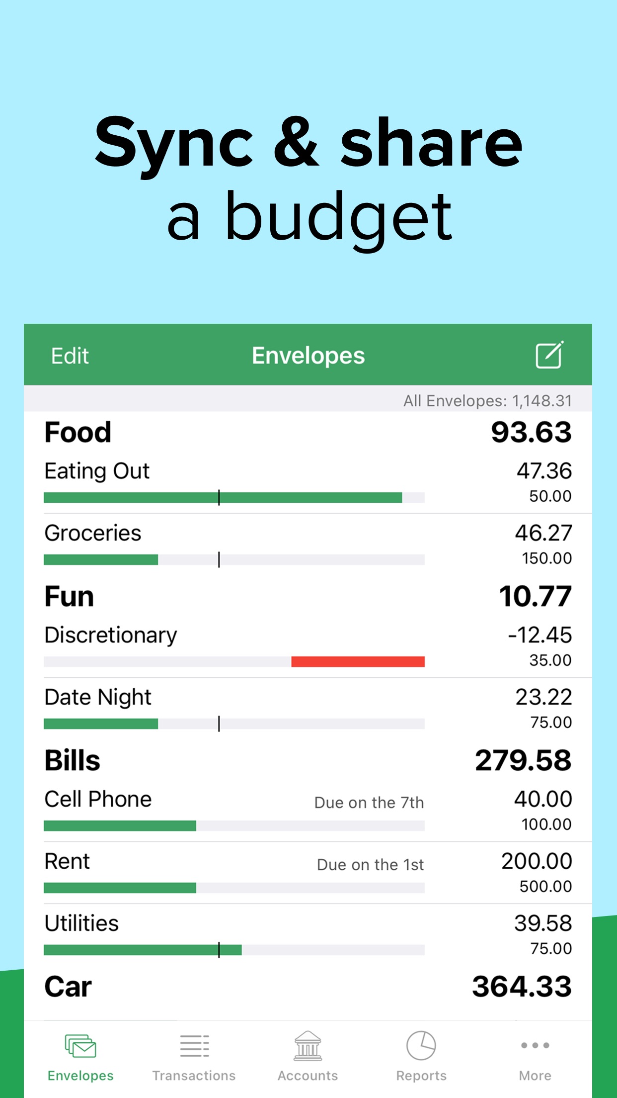 Goodbudget envelopes screen with Food, Fun and Bills envelopes, green progress bars, and a Discretionary envelope over budget at negative 12.45 shown in red