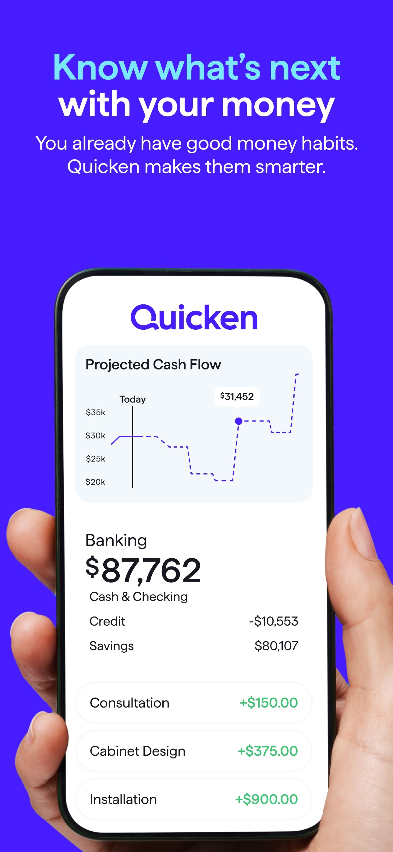 Quicken Simplifi projected cash flow chart forecasting a balance of 31,452 dollars, above banking balances for cash, credit and savings