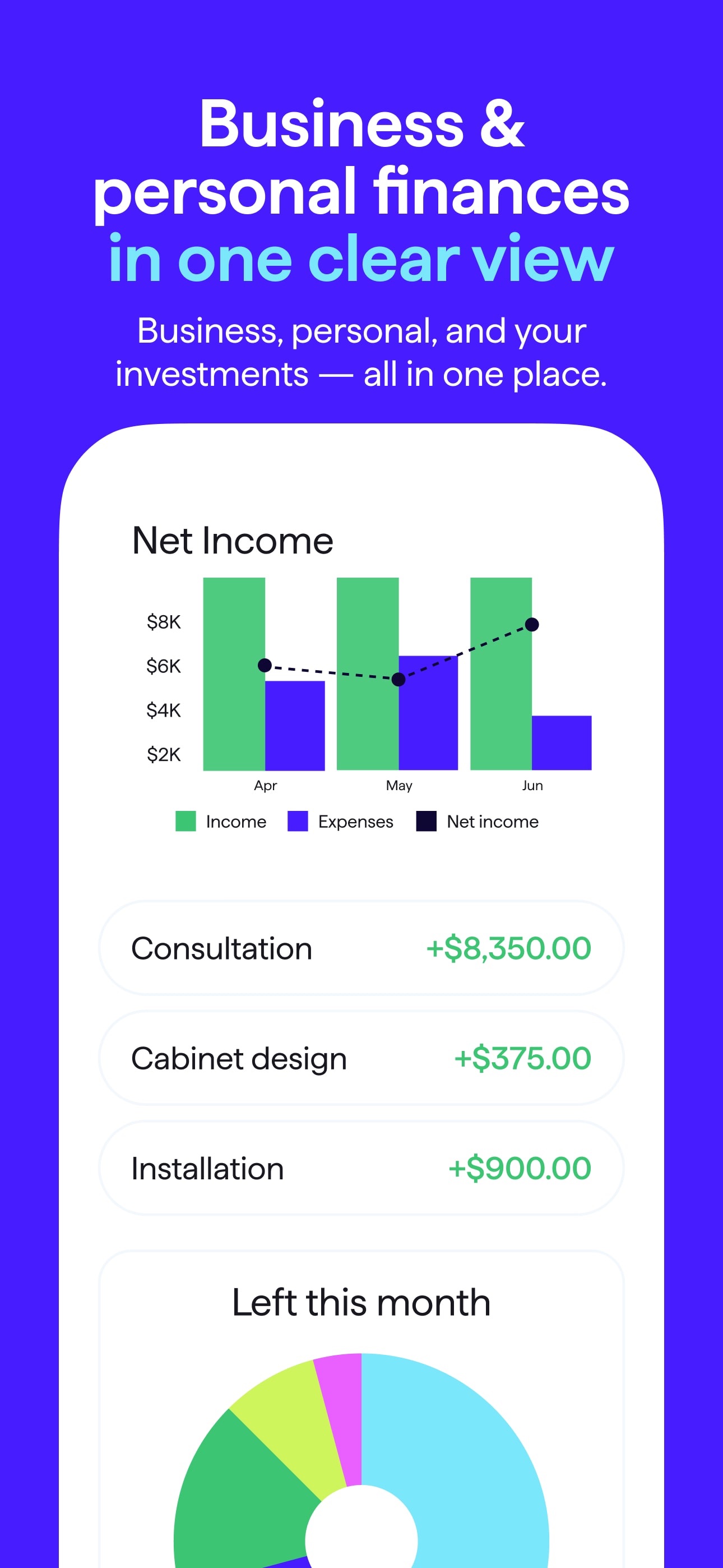 Quicken Simplifi net income bar chart and categorized transactions tracking business and personal finances in one view