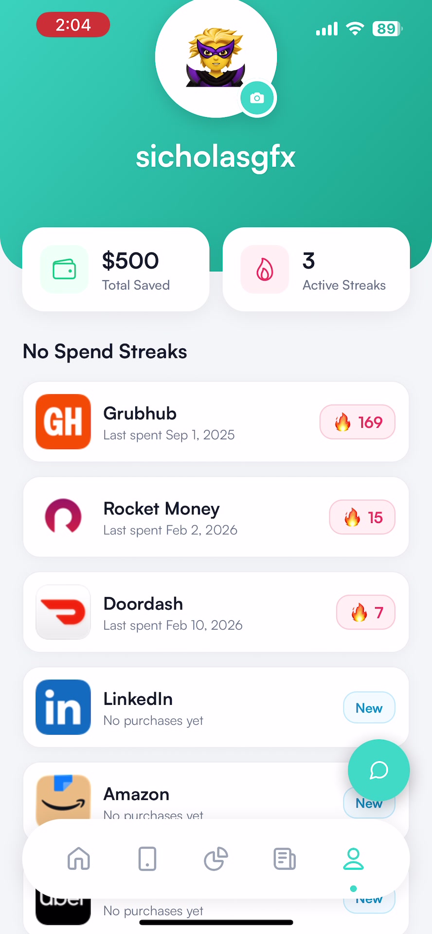 Hinder no-spend streaks on iPhone showing days without food delivery orders and estimated savings